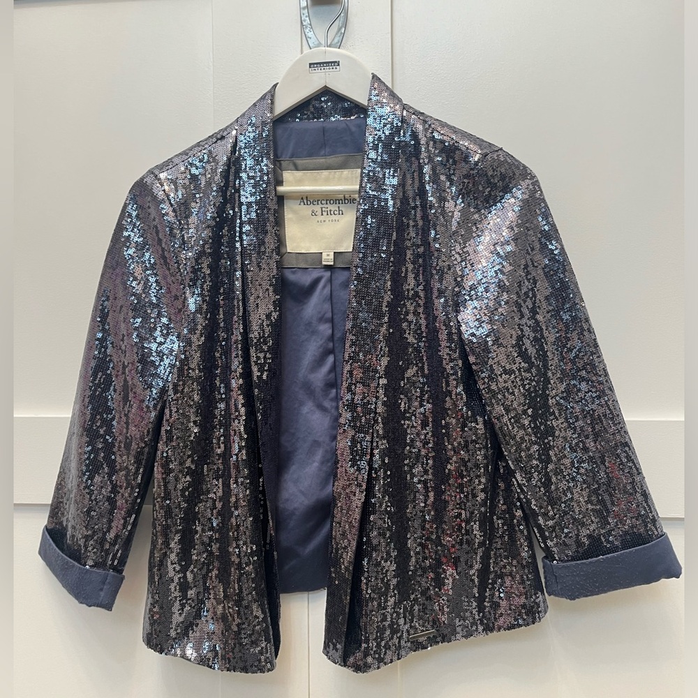 Abercrombie & Fitch Navy and Black Sequin Open-Front Bomber Jacket